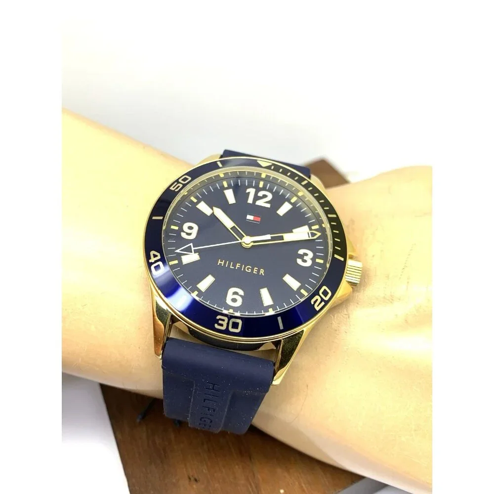 Tommy Hilfiger Men's Watch 1791868 Quartz Gold Blue Dial Rubber Strap 44mm